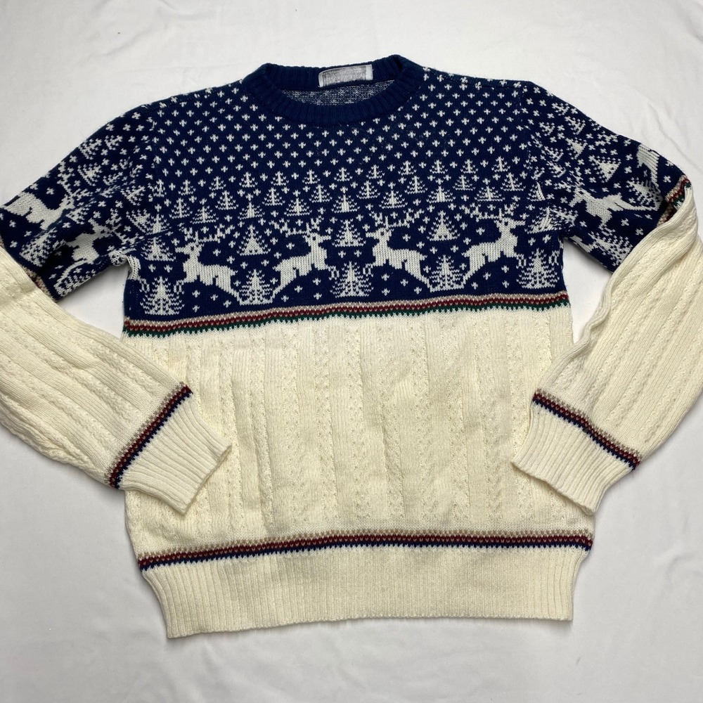 Rob Winter Vintage Fair Isle Reindeer Cable Knit Sweater Navy Cream Small